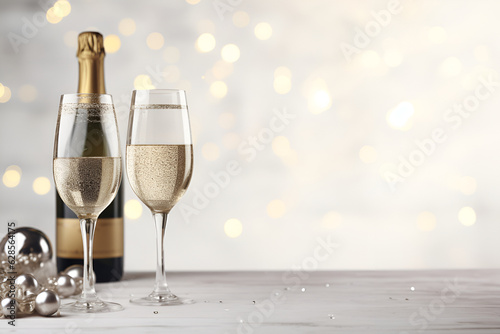 A glass of champagne on a silver background with highlights for christmas and new year. With Generative AI technology