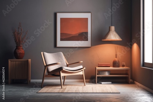 Interior design of a contemporary room with a chair, light, table, and frames. Generative AI