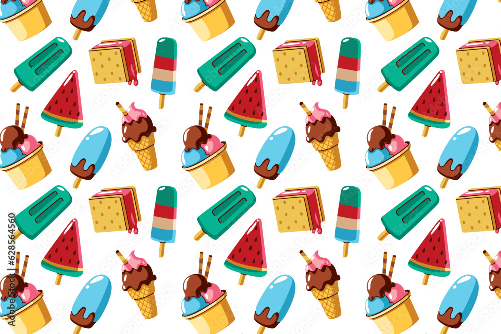 Ice cream and watermelon Popsicle seamless pattern background. Vector illustration of ice cream in a cone.
