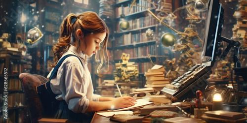 Young beautiful girl  studying on her computer  teenager s room background. AI Generative