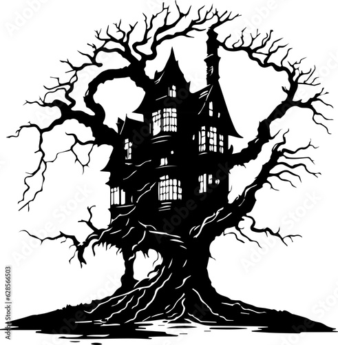 Illustration of an old tree house with a branching tree. Halloween-themed haunted house