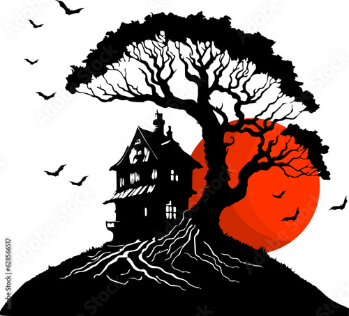 Illustration of an old house on a hill with a background of flying bats during a full moon