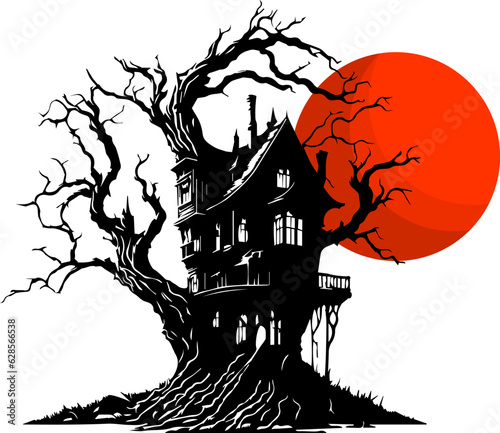 A haunted old tree house with barren branches and no leaves, with a full moon in the background