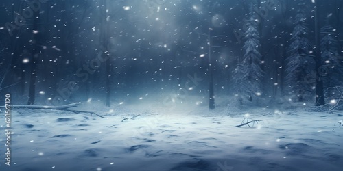 Blurry image of a winter forest, small snowdrifts and light snowfall - a beautiful winter-themed background wide format
