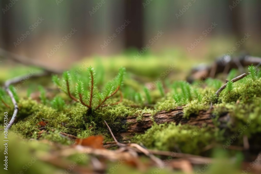 Woodland Serenity: A Bokeh Panorama of Moss-Covered Ground and the Tree's Canopy Woodland Serenity: A Bokeh Panorama of Moss-Covered Ground and the Tree's Canopy