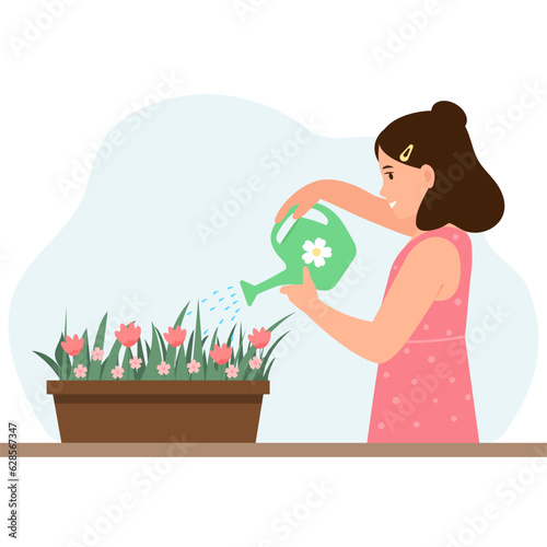.Happy kid watering flowers in the pot with watering can Household chores and routine. Flat vector illustration.