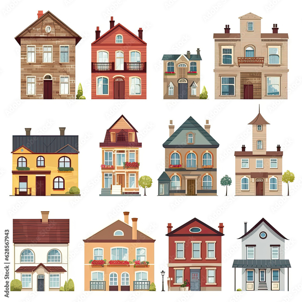 Set of colorful houses on white background. Generative AI