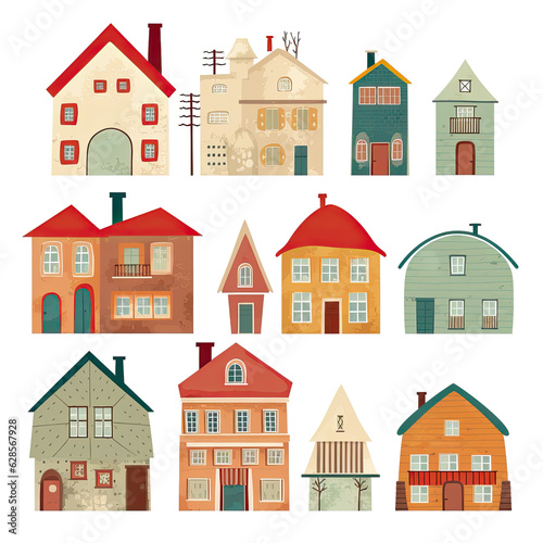 Set of colorful houses on white background. Generative AI © RPL-Studio