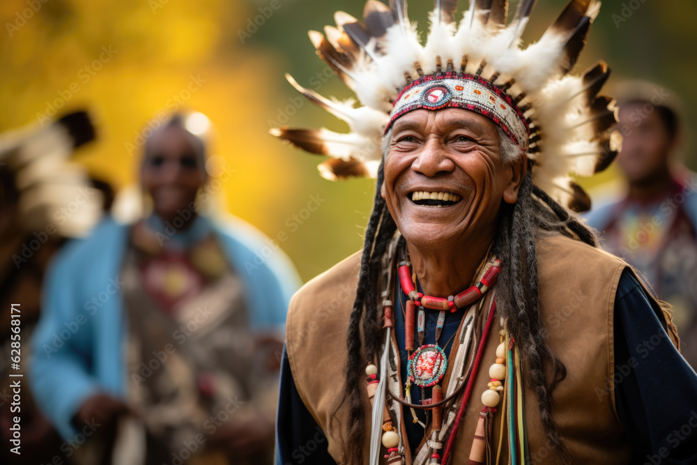 Fototapeta premium Group of people in traditional Native American clothing. They are standing in a line, facing the same direction. The person in the foreground is wearing a headdress with feathers and a beaded necklace