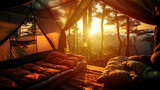View from inside  tent at a campsite, as the stunning sunrise casts its warm glow over jungle landscape adorned with  of the rainforest blanketed in beautiful morning fog, for camping. AI generation