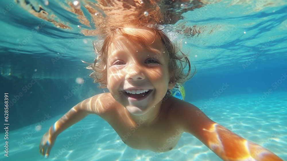 Happy children swimming underwater and having fun. generative AI