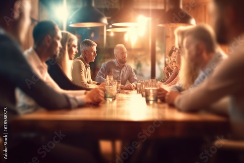 Relaxing Night Out: Group of Friends Smiling and Chatting at a Pub Over Drinks