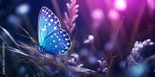 Butterfly in the grass on a meadow at night in the shining moonlight on nature in blue and purple tones, macro. Fabulous magical artistic image of a dream, copy space