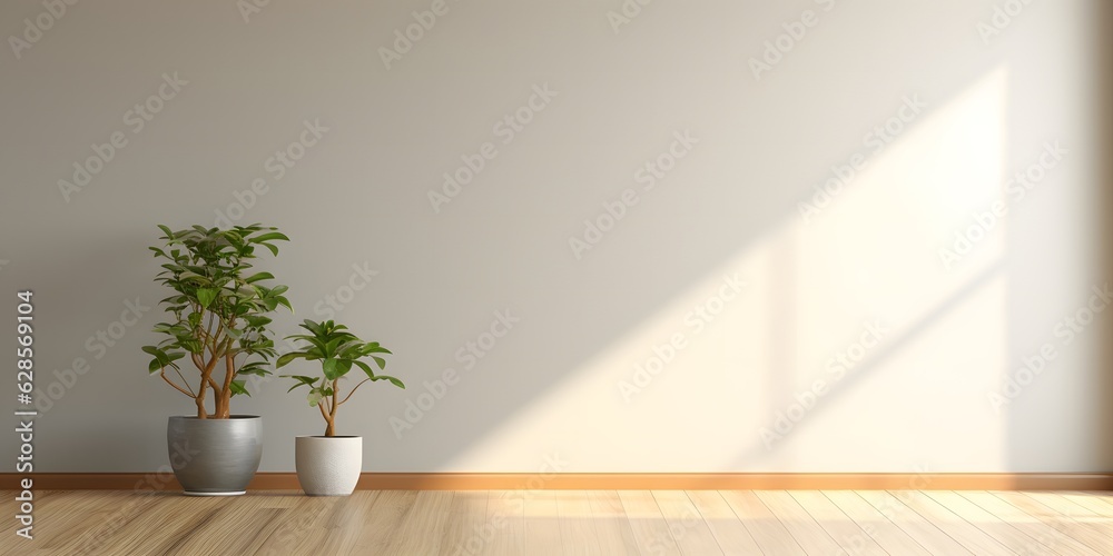 Light gray wall and and a wooden floor with a potted plant with interesting light glare. Empty background interior for the presentation Light gray wall and and a wooden floor with a potted plant with interesting light glare. Empty background interior for the presentation