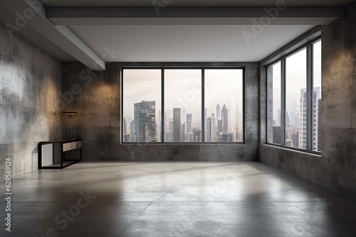 Front view of a dark, empty living room with a blank, grey wall, a large window that looks out onto a metropolitan skyline, and a concrete floor. simple design idea with room for original thought © Lasvu