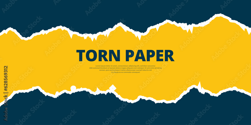 Blue torn paper effect banner design with yellow ripped page background ...
