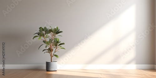Light gray wall and and a wooden floor with a potted plant with interesting light glare. Empty background interior for the presentation