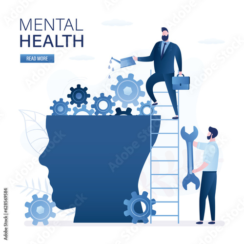 Human head and gears inside. Two people with tools and wrench try to fix problems. Psycho therapeutic and worldview changing, mental health. Intelligence and knowledge development