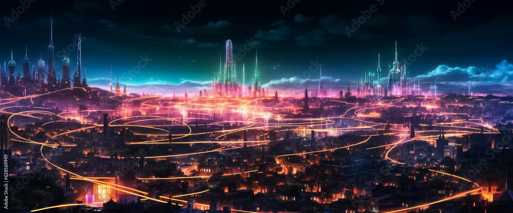 a mesmerizing urban landscape where the future meets artistry. Vivid purple and pink tones create a striking ambiance, enhanced by a digital line network and web effect generative AI.