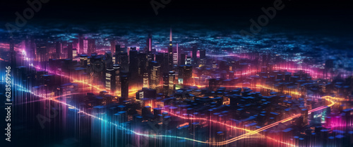 a mesmerizing urban landscape where the future meets artistry. Vivid purple and pink tones create a striking ambiance, enhanced by a digital line network and web effect generative AI. © Surachetsh