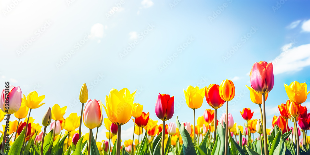 Selective focus.closeup of fantasy multicolor tulip flower blooming in garden with landscape meadow mountain view.nature spring background.generative ai art