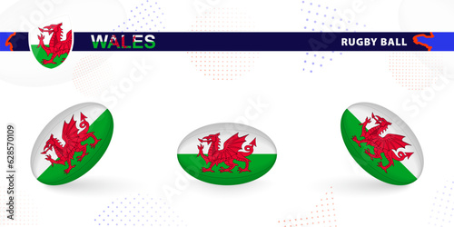 Rugby ball set with the flag of Wales in various angles on abstract background.