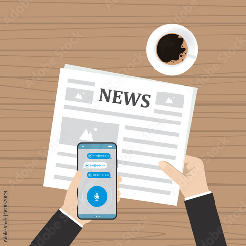 Businessman sitting at wooden table with morning newspaper, cup of coffee, chatting in mobile phone . Top view. Morning business elements, breakfast