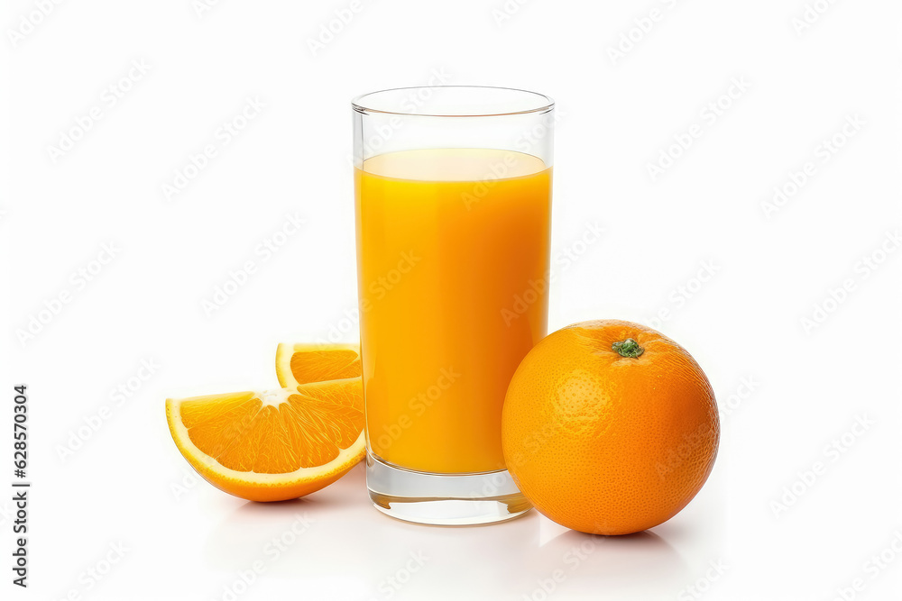 100% Organic Fresh orange juice in the glass with slices of oranges and green leaf isolated on white background , Created with Generate Ai Technology 100% Organic Fresh orange juice in the glass with slices of oranges and green leaf isolated on white background , Created with Generate Ai Technology