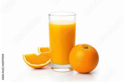100% Organic Fresh orange juice in the glass with slices of oranges and green leaf isolated on white background , Created with Generate Ai Technology
