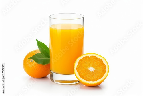 100  Organic Fresh orange juice in the glass with slices of oranges and green leaf isolated on white background   Created with Generate Ai Technology