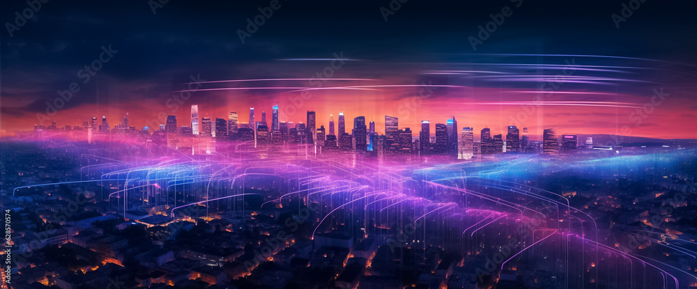 a mesmerizing urban landscape where the future meets artistry. Vivid purple and pink tones create a striking ambiance, enhanced by a digital line network and web effect generative AI.