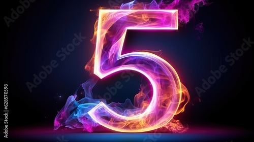 abstract background with neon numbers and clouds,number five glowing in the dark with colorful smoke. photo