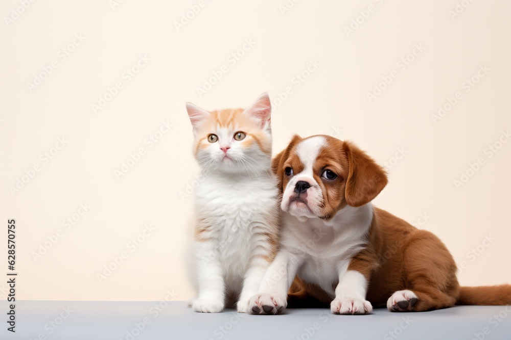 A photo of a cute puppy and kitten sitting close to each other. By Generative AI. 
