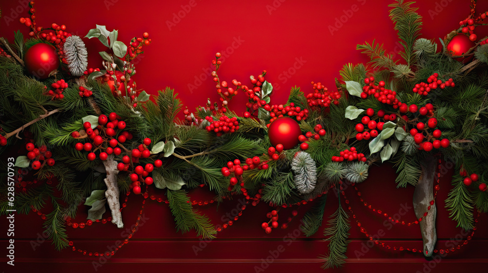 Fototapeta premium line christmas garland of green spruce branches, decorations