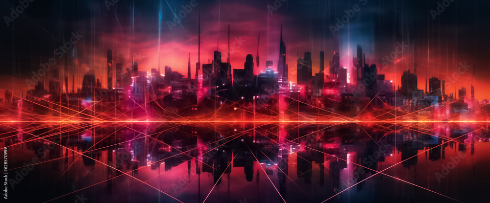 a digital line network and web effect entwined throughout the scene, this futuristic urban panorama invites you to explore a world where technology and creativity converge. generative AI.