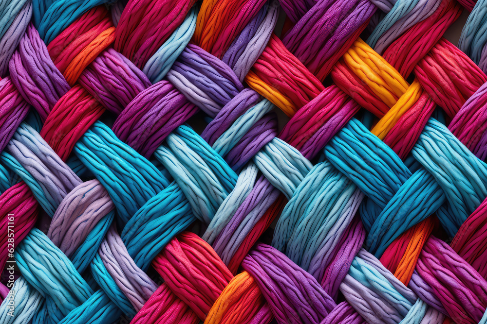 Handmade seamless pattern of colored yarn threads, loops of yarn in thread tile ornament, repeat multicolored Coarse knitting close-up texture. 3d render realistic illustration style.