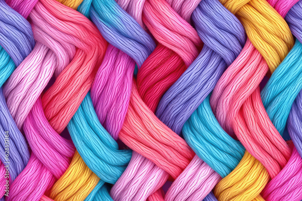 Handmade seamless pattern of colored yarn threads, loops of yarn in thread tile ornament, repeat multicolored Coarse knitting close-up texture. 3d render realistic illustration style.
