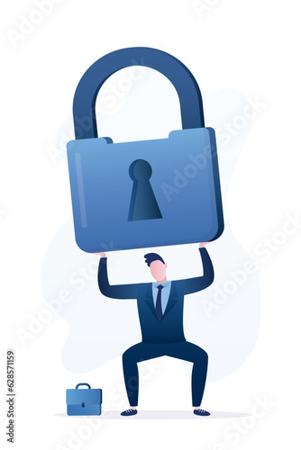 Tired businessman, heavy pressure, finding key to success. Worker man or employee holds or tries to lift giant padlock. Hard and difficult business tasks. Overcoming obstacles,