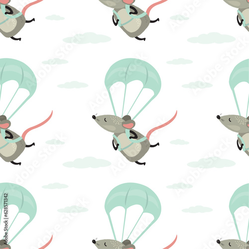 Seamless pattern with funny rat flying on parachute. Brave mouse is engaged in extreme sports. Animal flying in sky on parachute, texture hand drawn, printable wallpaper. © naum