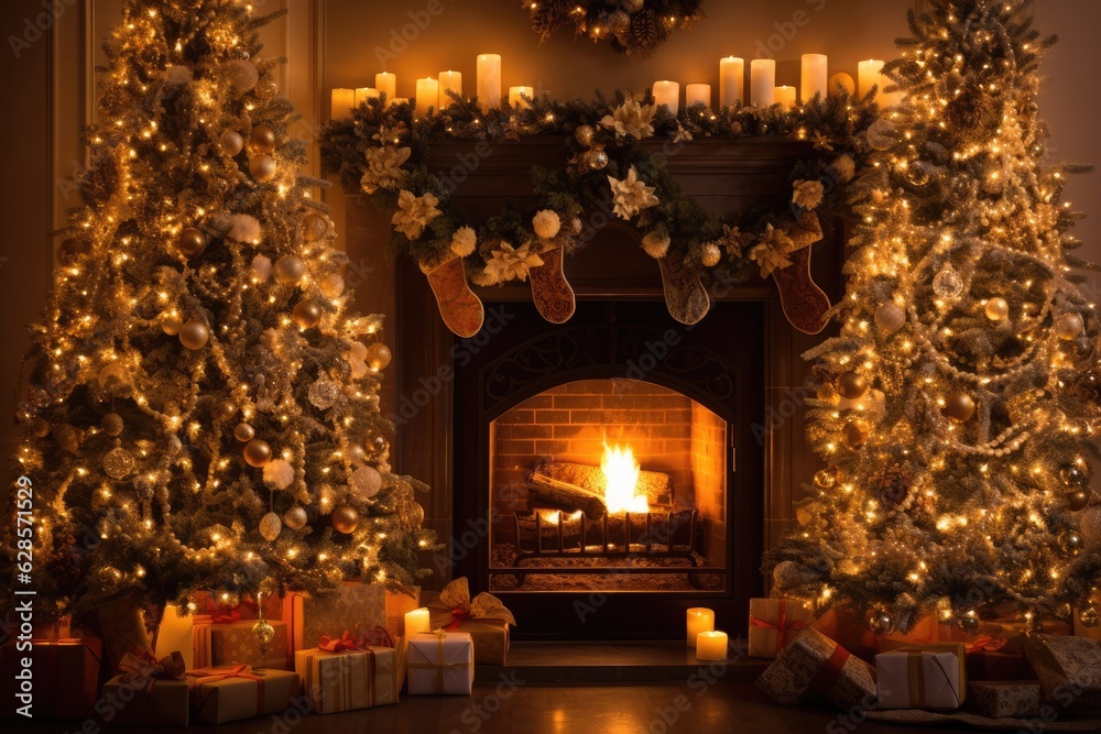 christmas tree, gifts and decorated fireplace with hanging socks, new year interior concept, generative AI christmas tree, gifts and decorated fireplace with hanging socks, new year interior concept, generative AI