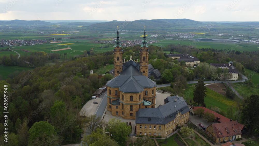Basilica of the 14 Holy Helpers, Bad Staffelstein, Germany. With a view of some of the Franconian Hills and the Kloster Banz in the background.