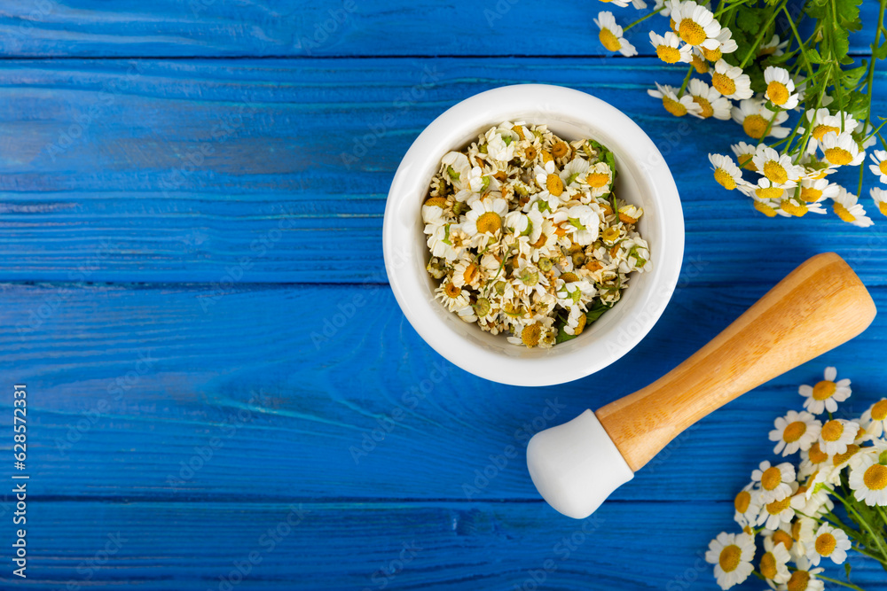 Chamomile flowers in mortar on a textured wooden table. Healing herbs. Alternative medicine. Healing. Homeopathy.Natural herbal organic cosmetics concept.Natural tea.Place for text. Copy space. Chamomile flowers in mortar on a textured wooden table. Healing herbs. Alternative medicine. Healing. Homeopathy.Natural herbal organic cosmetics concept.Natural tea.Place for text. Copy space.