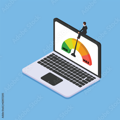 Businessman with internet speed meter on laptop screen isometric 3d vector illustration concept for banner, website, illustration, landing page, flyer, etc.