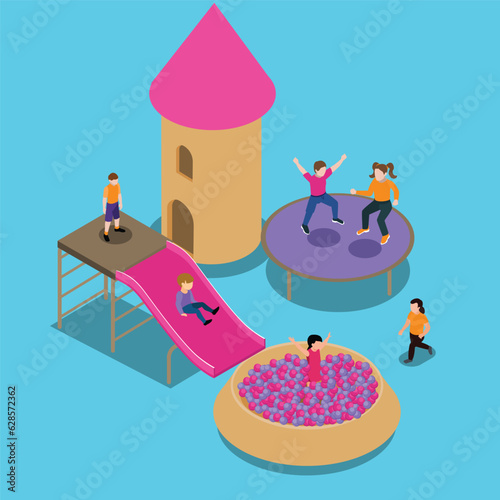 Cheerful little friends, boys and girls cartoon characters. Kids playground, day care center isometric 3d vector illustration concept for banner, website, illustration, landing page, flyer, etc.