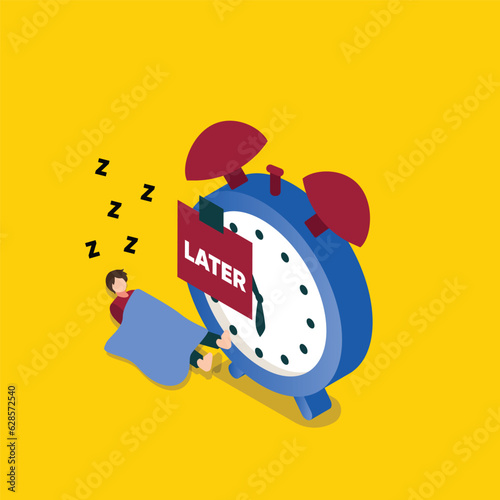 Procrastination do it later, postpone to work tomorrow, unproductive and excuse concept, lazy man sleeping with no clue to wake up isometric 3d vector illustration concept for banner, website, illustr