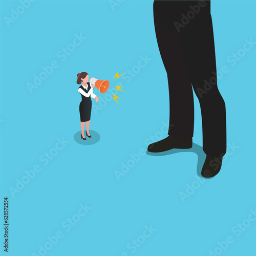 Businesswoman speak out loud on megaphone to giant man - equality in work isometric 3d vector illustration concept for banner, website, illustration, landing page, flyer, etc.