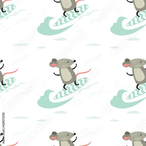 Seamless pattern with funny rat on surfboard. Adorable mouse is engaged extreme water sports, ocean surfing. Doodle texture template, wallpaper. Printable pattern background.