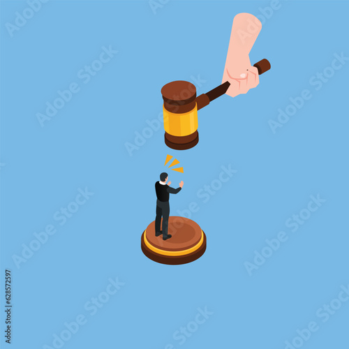 Judge hiiting tiny man by gavel. Bankruptcy, lawsuit, protest isometric 3d vector illustration concept for banner, website, illustration, landing page, flyer, etc.