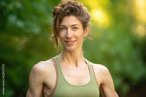 Smiling Woman in Yoga Tank Top: Vibrant Outdoor Shots, Light Green & Gold