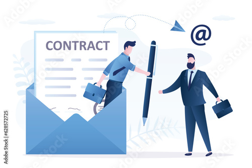 Smart hr agent from envelope offer pen for candidate to sign contract. Remote recruitment, job offer email for accepted candidate. Employment, hiring
